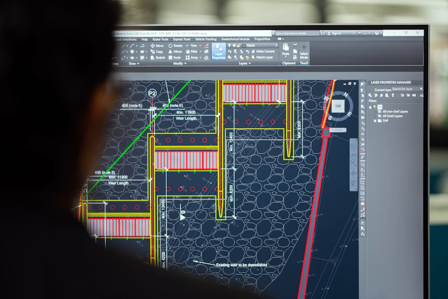 Engenheiro analisando esquemas técnicos e diagramas sobre uma mesa